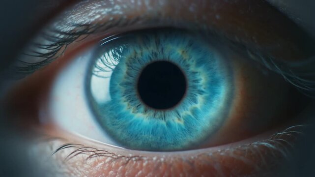 Extreme macro footage of a single beautiful healthy human eye with a bright cyan iris for national eye exam month