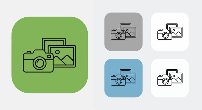 Collection of photography icons and symbols in rounded squares for graphic design.