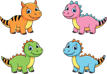 Naklejka premium Cute Cartoon Dinosaur Character Set Featuring Four Colorful Baby Dinosaurs In Orange Pink Green and Blue Colors For Kids Nursery Design