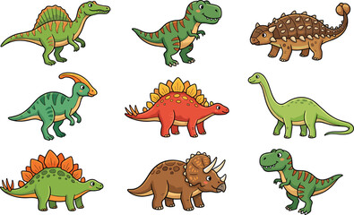 Cartoon Dinosaur Character Collection Featuring Tyrannosaurus Rex Triceratops Stegosaurus Spinosaurus and Brachiosaurus Species Vector Illustrations for Kids Educational Designs © JOYNAB