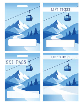 Set of ski lift ticket or ski pass template. Winter sports. Lift cabin. Space for barcode