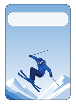 Ski pass template. A skier performs a jump against the backdrop of mountains. Space for barcode