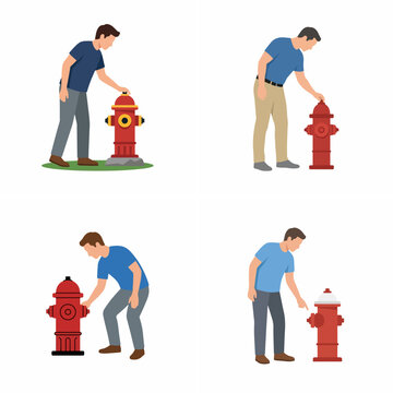 Set of flat illustrations of a man interacting with a red fire hydrant isolated on white background