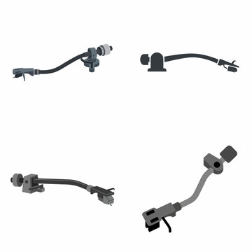 Set of four flat vector illustrations featuring various turntable tonearm designs with cartridges and headshells for vinyl record players