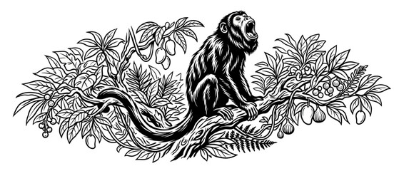 Monkey howling in lush fruit tree, black and white ink drawing
