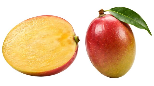 Fresh ripe mango fruit with a green leaf and a sliced half isolated on white background