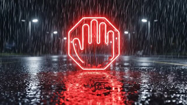 Neon Hand Stop Sign in Rain at Night