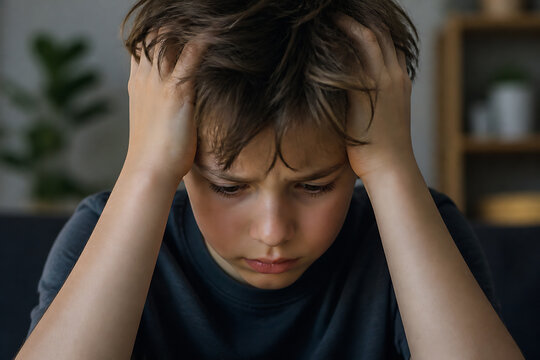 A young boy with messy brown hair is holding his head in distress indoors.