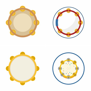 Collection of Four Different Tambourine Musical Instrument Icons in Flat Design Style