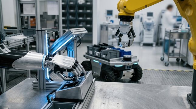 Humanoid robot hand, articulated arm, autonomous mobile platform, and precision gripper with factory and hospital cues
