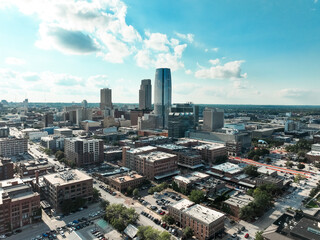 Aerial drone view of downtown Omaha, Nebraska, showcasing the city skyline and urban architecture in August 2026. © Matt