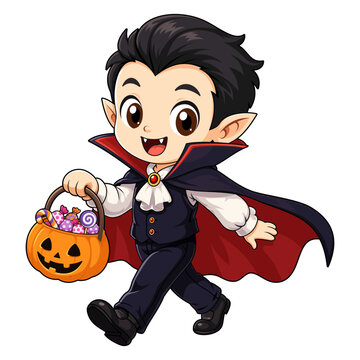 Cute Halloween Vampire Character Carrying Pumpkin Candy Basket Vector Illustration