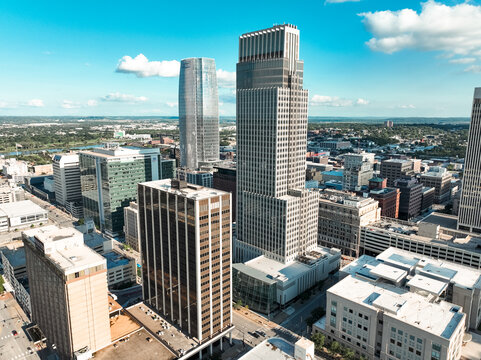Aerial drone view of downtown Omaha, Nebraska, showcasing the city skyline and urban architecture in August 2026.