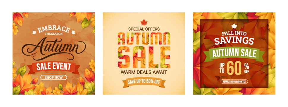 Square Autumn Sale Social Media Banner Template with Colorful Fall Leaves