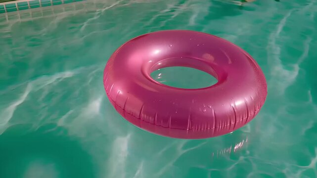 Summer hot vibe lifestyle. A vivid, closeup shot of a swimming pool. A bright pink inflatable ring floats in the clear, turquoise water.