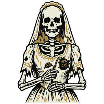 Stylized skeleton bride in an elegant wedding dress and veil, holding a withered rose, representing enduring love, mortality, and timeless beauty