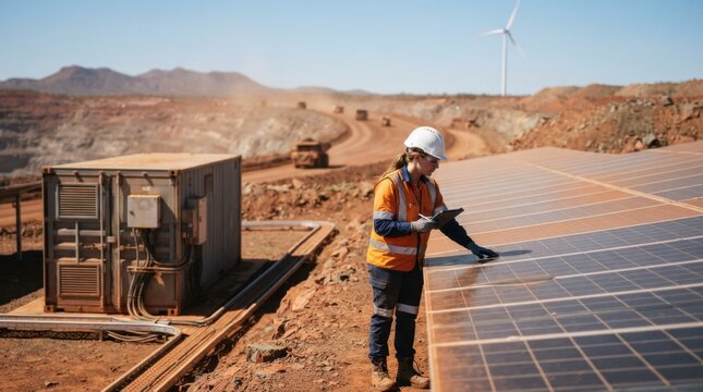 Engineer inspects solar panels beside battery storage and wind turbine at a remote mining site