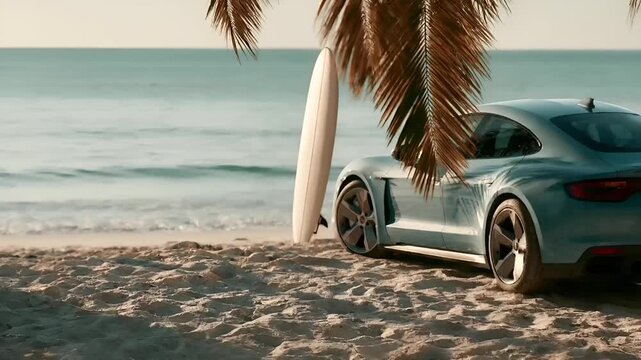 Summer hot vibe lifestyle. A vivid, highresolution photograph captures a serene beach scene. A sleek, silver sports car is parked on the sandy shore, its side profile facing the viewer.