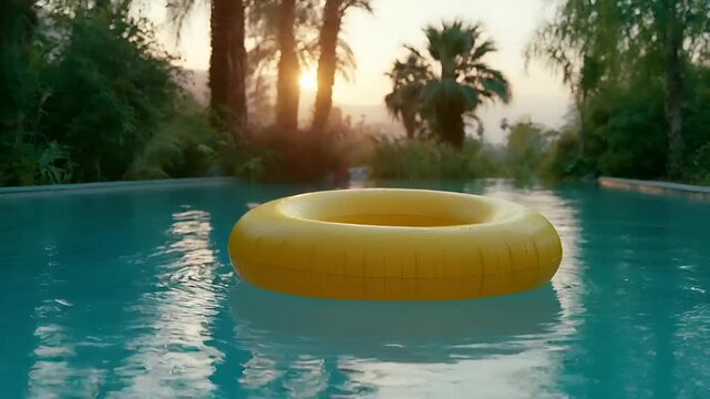 Summer hot vibe lifestyle. A vivid outdoor scene depicts a tranquil swimming pool at sunset. A bright yellow inflatable ring floats in the water, reflecting the warm hues of the setting sun.