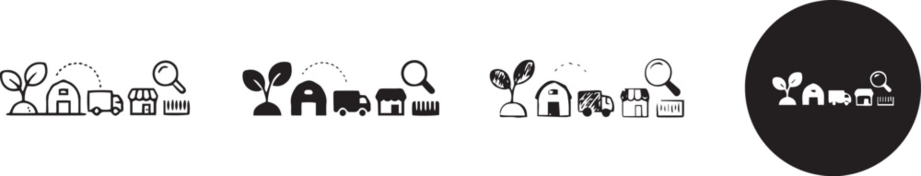 Farm to table supply chain process icons set, individual icon set