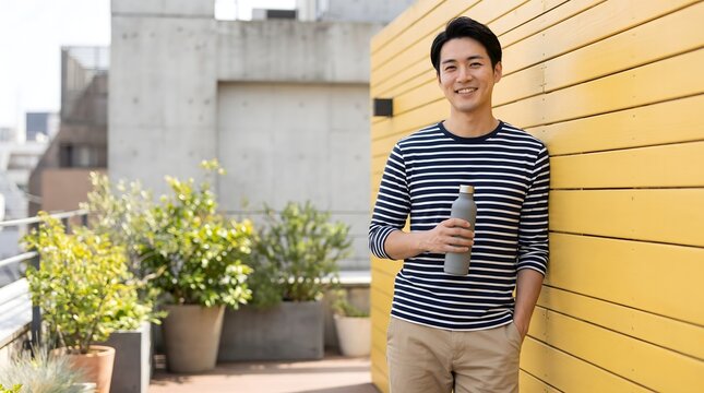Young handsome Asian man smiling while holding a water bottle outdoors on a sunny terrace background. Healthy active lifestyle concept.