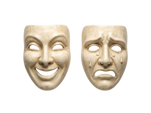 Traditional theatrical comedy and tragedy masks as PNG isolated on transparent background