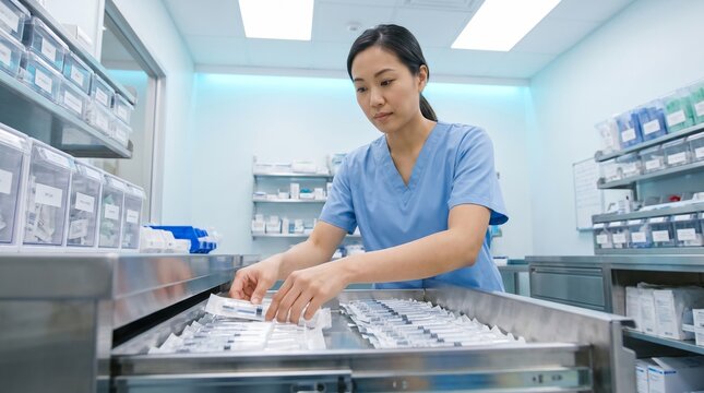 Asian Medical Professional Meticulously Restocking Organized Pre filled Syringes in a Modern Hospital Pharmacy