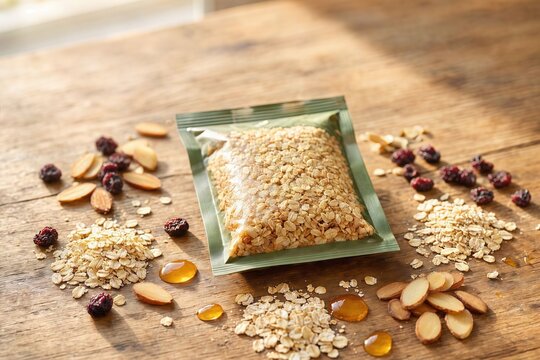 Granola bar pouch on wooden surface, surrounded by oats, honey, almonds and dried berries, soft natural light, organic food concept, clean rustic composition
