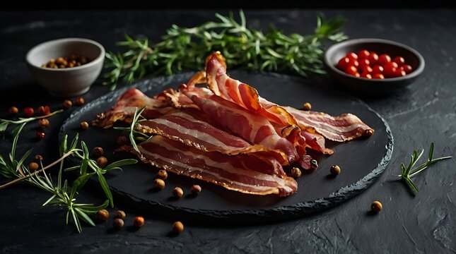 Elegant Bacon Ingredient Composition with Herbs and Peppercorns on Dark Stone