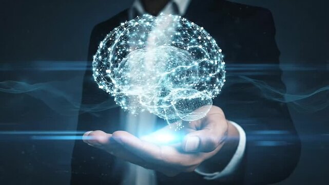 A professional holding a glowing digital brain model in their hand
