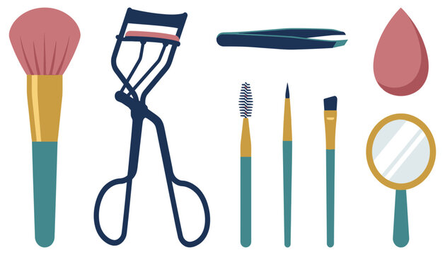 Blush brush and eyelash curler with tweezers plus makeup brushes and mirror in teal and pink shades for beauty care routine vector graphic set.