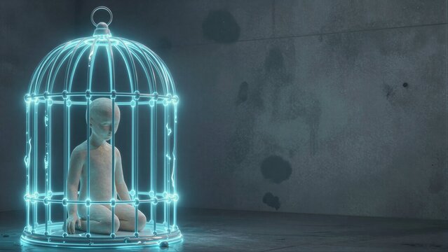 Glowing cage holds child figure, eerie blue light against grimy concrete wall.