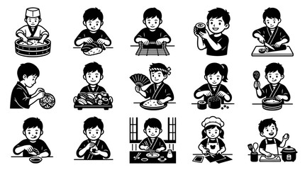 Fototapeta premium Black and White Line Art: Kids Making Sushi Japanese Food Preparation. Culinary Education in Cuisine Industry.