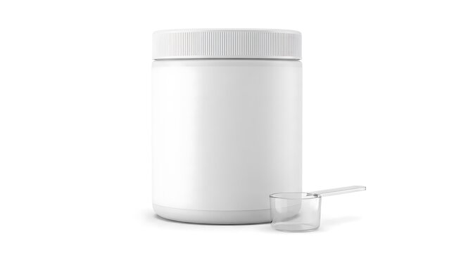 Blank white plastic electrolyte container with a measuring scoop isolated on a white background for branding mockups of sports nutrition supplement products
