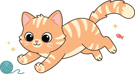 Cute Playful Ginger Tabby Kitten Vector Character Jumping After a Yarn Ball for Kids Book Illustrations Pet Shop Branding and Sticker Designs