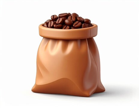 3D icon of a brown coffee bean bag with beans piled on top caffeine espresso isolated illustration
