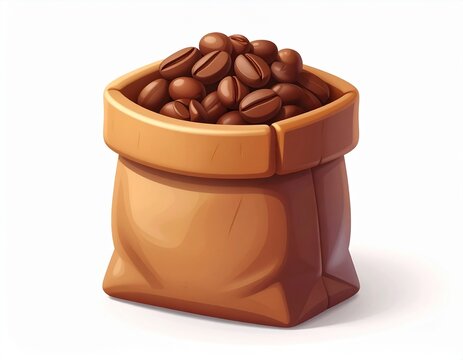3D icon of a brown coffee bean bag with beans piled on top caffeine espresso isolated illustration
