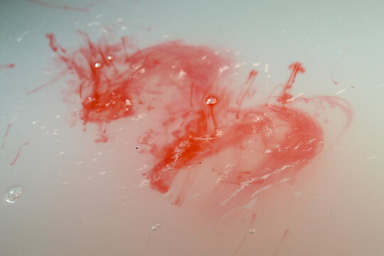 drops of red ink dissolve and spread artistically on the surface of the cloudy white liquid