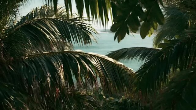 Summer hot vibe lifestyle. A closeup shot of a tropical beach scene shows the intricate details of palm fronds. The fronds are a vibrant green, and the water is a deep turquoise.