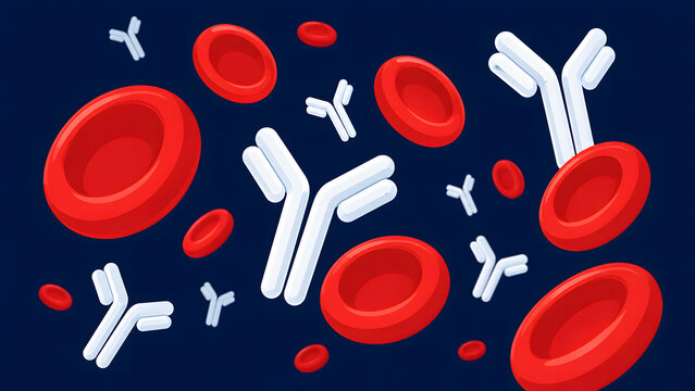 Y-shaped white antibodies floating alongside red blood cells on a dark blue background