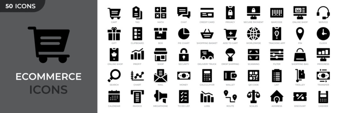 Set of 50 ecommerce solid icons. Online shopping and delivery elements. Shopping cart, payment, invoice, shipping, delivery. Vector illustration