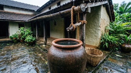 Fototapeta premium Traditional clay water pot and wooden well structure in a tropical rain courtyard