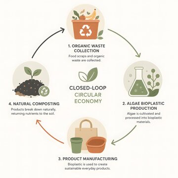 Illustration of Closed-loop circular economy process with algae bioplastic and organic waste recycling