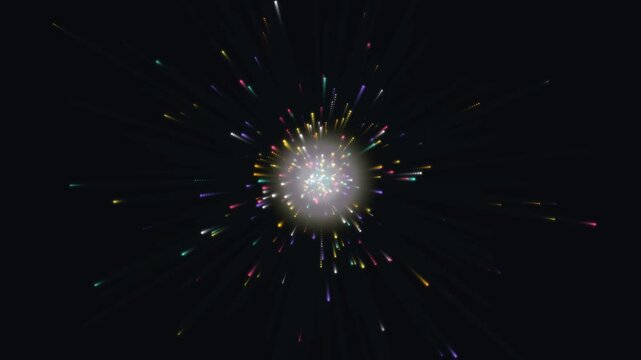 Abstract Exploding Firework Burst with Colorful Streaks on Black Background