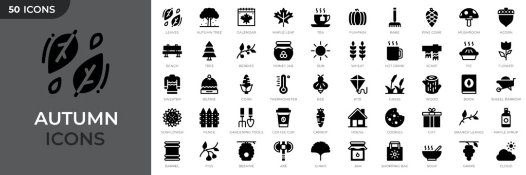Set of 50 autumn solid icons. Autumn season icons set. Containing season, pumpkin, falling leaves, maple leaf, mushroom and more. Vector illustration