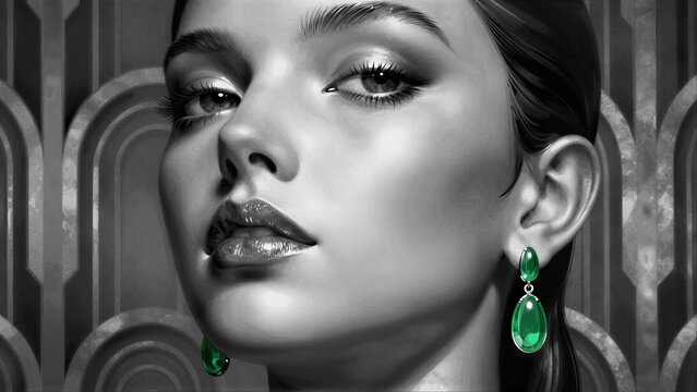 Elegant woman in black and white, adorned with vibrant green emerald earrings.