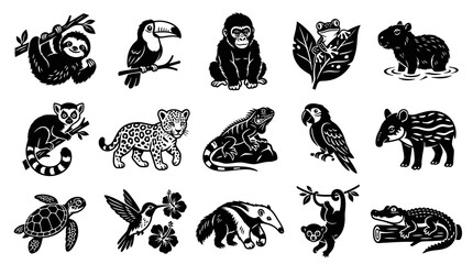 Naklejka premium Tropical Rainforest Animals Glyphs - Black White Stylized Wildlife Illustration Set