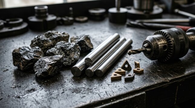 Wolframite ore, tungsten rods, carbide inserts, and drill chuck on industrial table