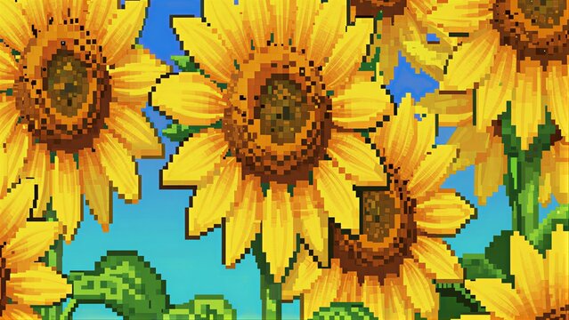 Vibrant pixelated sunflowers bloom under a clear blue sky in this cheerful, retro-style image.