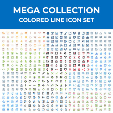 Mega icon set symbol for graphic and web design. Big set of 500 colored outline web icon. User interface, ecommerce, ecology, autumn, internet technology. Vector